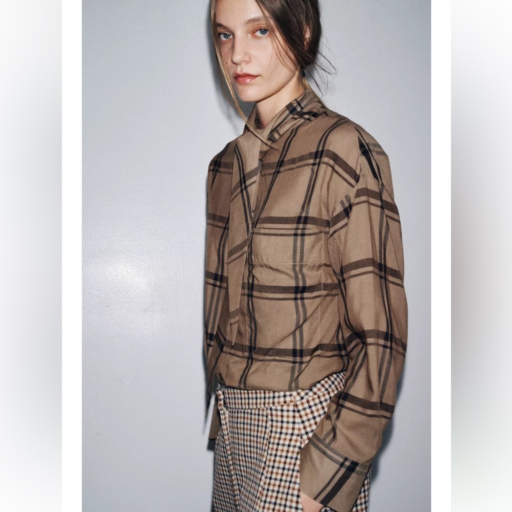 Woven Plaid Tie-Neck Blouse - Brown Plaid